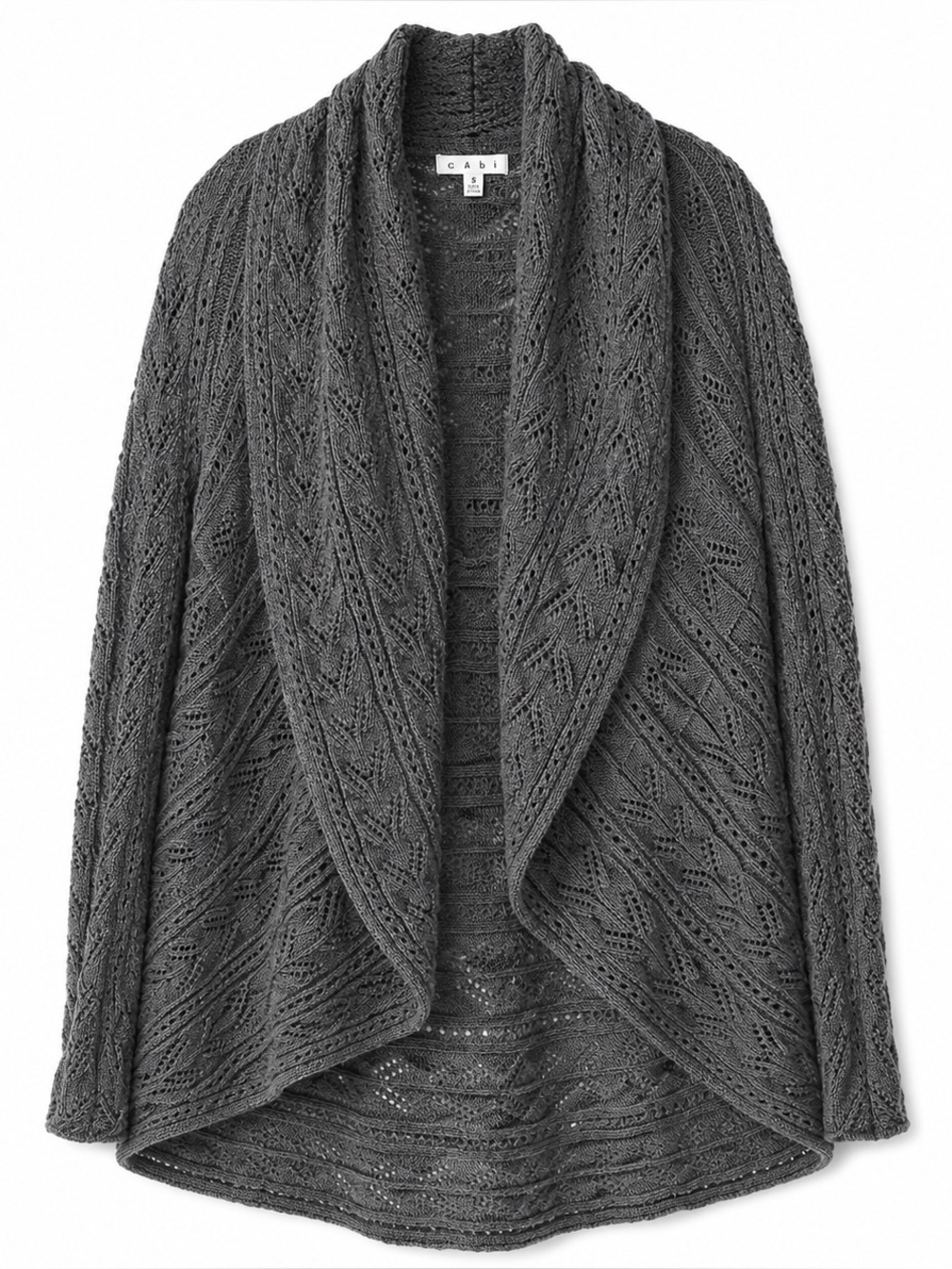 Cabi Gray Knit Cardigan Sweater Women’s Small Open Front Lace Knit Draped